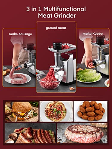 Electric Meat Mincer Grinder, Stainless Steel, 3 in 1 Meat Grinder & Sausage Stuffer & Kubbe Kit Included, Powerful 2000W Max Copper Motor