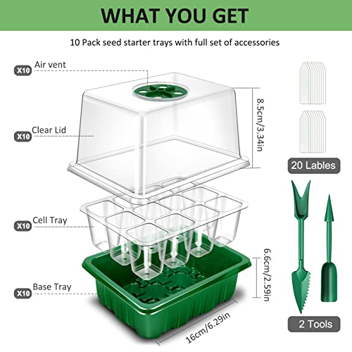 YAUNGEL Seed Trays, 10 Pack 120 Cells Propagator with Heightened Lids, Growing Thicken Seedling Starter Growing Trays with Adjustable Window for