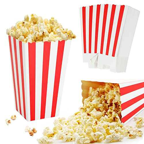 GOYADA 100 PCS Popcorn Boxes, Classic Red and White Striped Cardboard Popcorn Boxes, Small Reusable Popcorn Bucket Favor Boxes for Movie Night, P