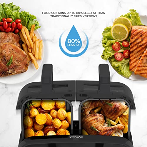 MONCOOK Double Air Fryer With Light Up Viewing Glass - Energy Efficient Airfryer Oven Alternative - 9L Twin 4.5L Baskets - 50 Recipe Cookbook - S
