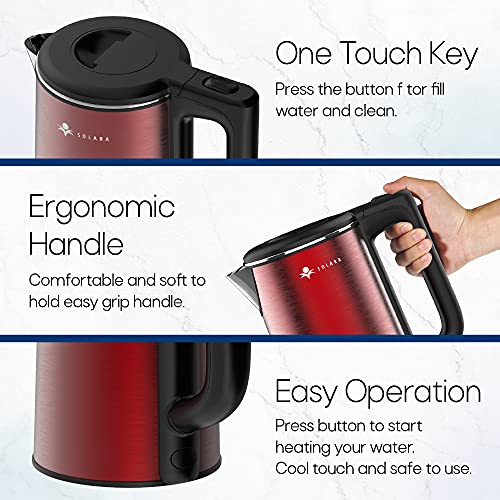 SOLARA Premium Electric Red Kettle Xtra Large | Double Wall 100% Stainless Steel kettle BPA-Free Cool Touch Tea Kettle with Overheating Protectio