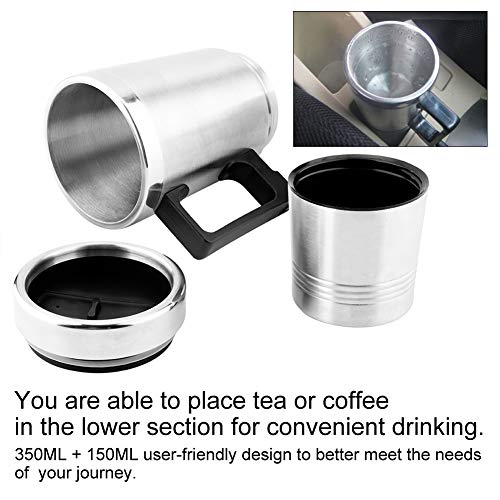 Electric Kettle, Qiilu Electric Kettle, 350ML + 150ML Stainless Steel Car Electric Kettle Coffee Tea Thermos Water Heating Cup 12V