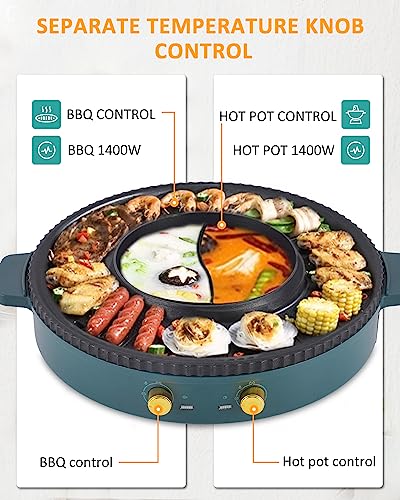 Hot Pot Grill 2-IN-1 Electric Grill with Hot Pot 42cm Korean BBQ Grill Indoor, Hot Pot with Divider, Nonstick and Smokeless,Dual Temperature Cont