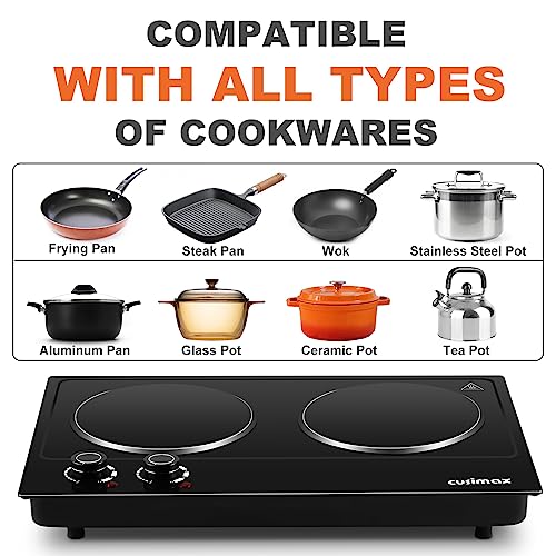 Double Burner, CUSIMAX Electric Hot Plate, 2400W Electric Hob Infrared Ceramic Burner, Portable Hot Plates for Cooking, Countertop Cooktop with D