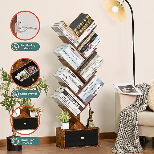 SHEEPAM 8 Tier Tree Bookshelf with Drawer, Free Standing Wood Bookcase for Narrow Space, Storage Organizer Bookshelves for Books, Book Case for H