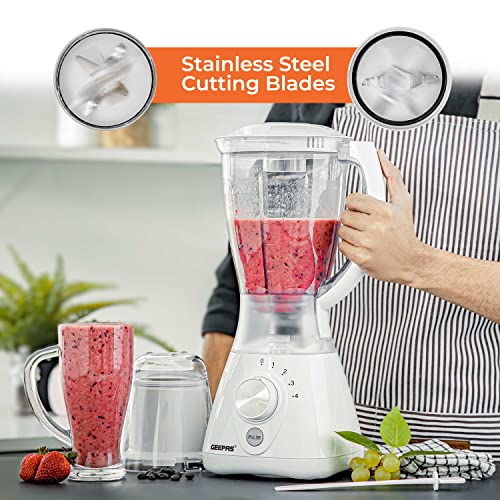 Geepas 550W 2 in 1 Food Jug Blender with 1.5L BPA Free Jar | 4 Sharp Stainless Steel Blades with 2 Speed | Ice Crusher, Mill, Coffee/Spice Grinde