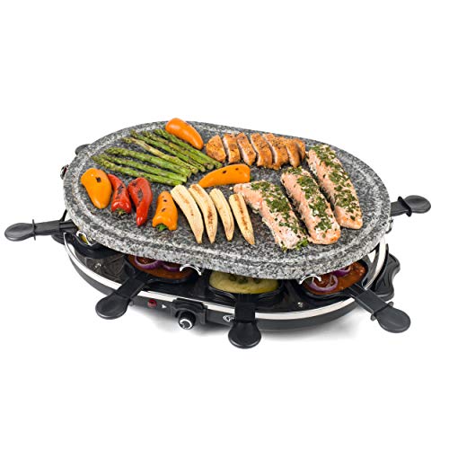 Giles & Posner EK1872G Electric Stone Raclette Grill - Indoor Tabletop 8 Person Raclette, Removable Stone Grill Hot Plate, Non-Stick Grill Pans,