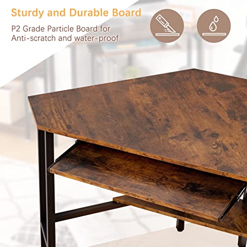 Becko US Corner Desk Triangle Computer Desk Vintage Industrial Small Desk Home Office Desk with Keyboard and Storage Shelf (Rustic Brown)