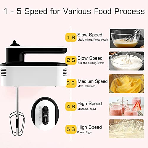 Handheld Mixer, 5-Speed Electric Hand Mixer,Whisk Kitchen Food Baking,Light Hand Mixer With Egg Beaters Dough Hooks