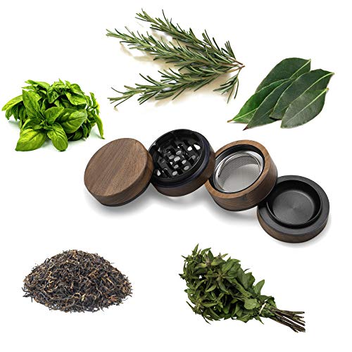 DCOU Premium Large Wooden Spice Grinder Pollen Collector with Magnetic Lid and Pollen Catcher 4 Piece 2.5 inches (Black)