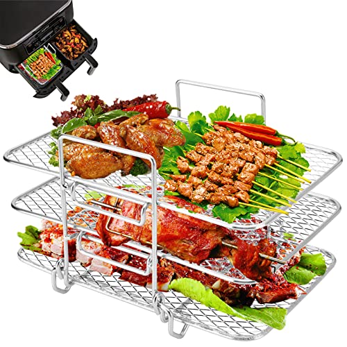 Air Fryer Rack for Ninja Dual Air Fryer, Luckits 3 Floors Dehydrator Rack 304 Stainless Steel Multifunctional Air Fryer Accessories Compatible wi