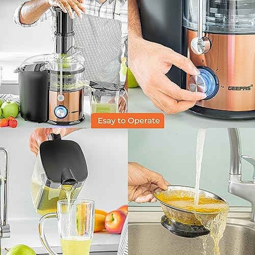 Geepas Juice Extractor, Centrifugal Juicer Machine - Whole Fruit & Vegetable Juicer - Stainless Steel Body & Extra Filter Basket - 75MM Wide Mout