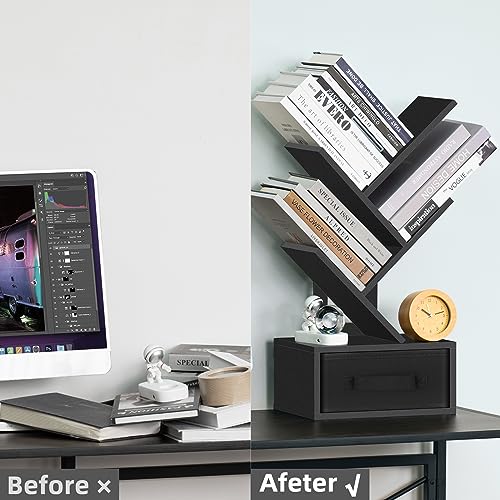 SHEEPAM Small Book Shelf with Drawer,3 Tier Black Tree Bookshelf,Wooden Desktop Bookcase,Modern Desk Display Storage Bookshelves,Floor Standing O