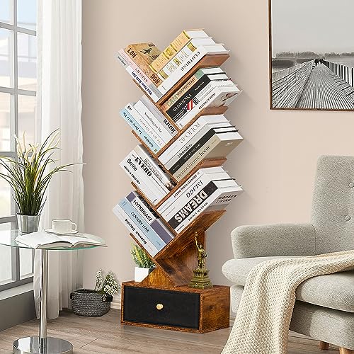 SHEEPAM 8 Tier Tree Bookshelf with Drawer, Free Standing Wood Bookcase for Narrow Space, Storage Organizer Bookshelves for Books, Book Case for H