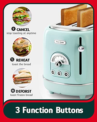 Hazel Quinn 2 Slice Retro Toaster, 6 Browning Levels, 3 Functions-Defrost/Reheat/Cancel, Removable Crumb Tray for Easy to Clean, 1.5 Inches Extra