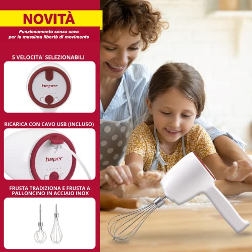 BEPER P102SBA007 USB Rechargeable Hand Mixer, Electric Hand Mixer, 20W, 2 Stainless Steel Whips, 5 Speed, Single Key Operation, USB cable include