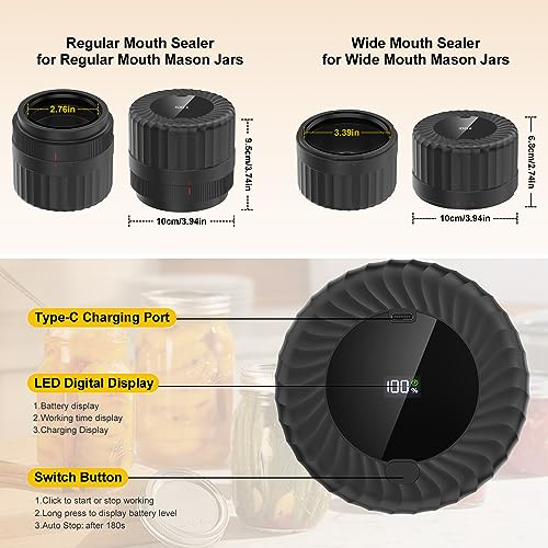 Electric Mason Jar Vacuum Sealer Kit for Wide and Regular Mouth, HUIJUTCHEN Cordless Mason Jar Sealer Vacuum Kit with LED Display for Power, Work