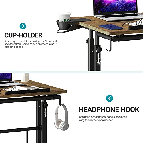 Klvied Rolling Mobile Desk with Cup Holder, Portable, Adjustable Height Small Stand up Desk on Wheels for Home Office Laptop Cart, Computer, Stan