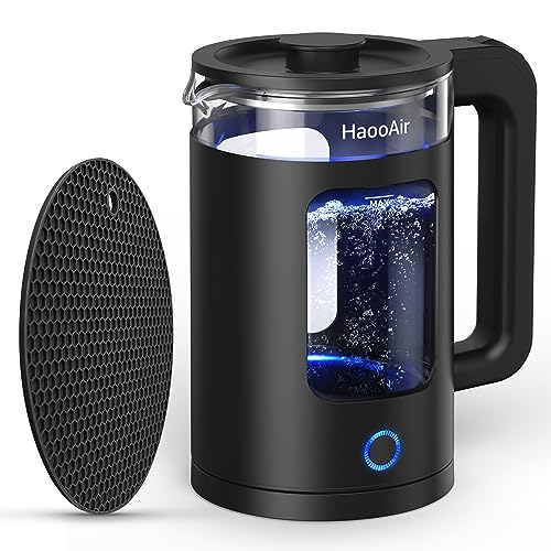 Haooair Kettle, 1.5 Liter Electric Kettle with Blue LED, Easy to Clean Glass Kettle, Fast Boil Quiet, BPA-Free, Boil-Dry Protection (Gifts: Black