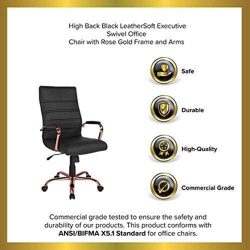 EMMA + OLIVER High Back Black LeatherSoft Executive Swivel Office Chair - Rose Gold Frame/Arms