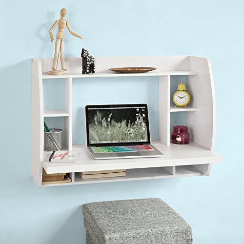 Haotian FWT18-W, White Drop-Leaf Table Desk, Wood Children Table,Home Office Table Desk Workstation Computer Desk with Storage Shelves, Trestle D