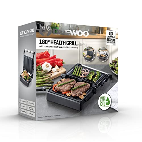 Daewoo SDA1572GE 180° Health Grill with Cool Touch Handle, Use Open or Closed, Automatic Temperature Control, Non-Stick, Easy Clean, Cord Wrap St