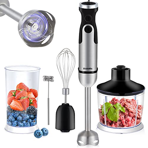 BioloMix Handheld Blender, Stainless Steel Hand Stick Blender, 4-In-1 Hand Blender with Egg Whisk, 600ml Beaker & 500ml Chopper Bowl for Smoothie