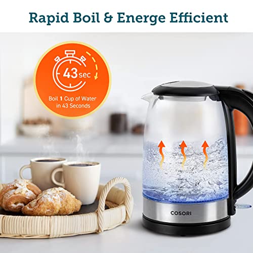 COSORI Electric Kettle Glass, Fast Boil Quiet, 3000W 1.5L with Blue LED, Stainless Steel Filter, Boil-Dry Protection, Black, BPA Free