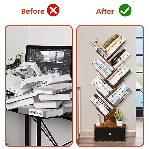SHEEPAM 8 Tier Tree Bookshelf with Drawer, Free Standing Wood Bookcase for Narrow Space, Storage Organizer Bookshelves for Books, Book Case for H