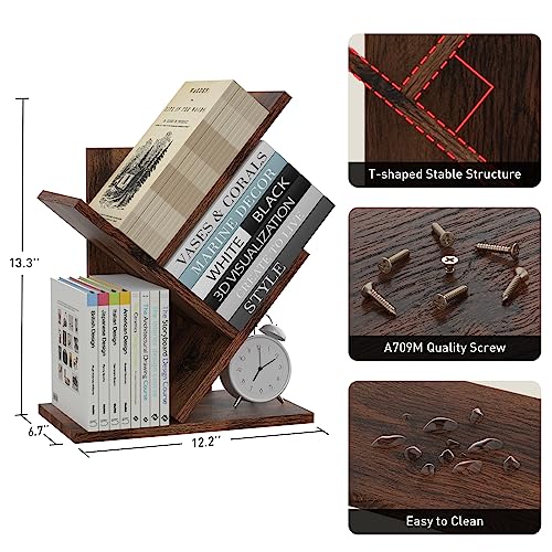 THASOK Tree Bookshelf, 3 Tier Wood Shelf Bookcase, Retro Floor Standing Small Bookshelf, Book Storage Rack for CDs/Movies, Utility Organizer Shel
