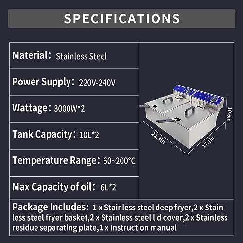 Commercial Deep Fryer Stainless Steel Electric Fryer Dual Tank 20L 3000Wx2 with Lids