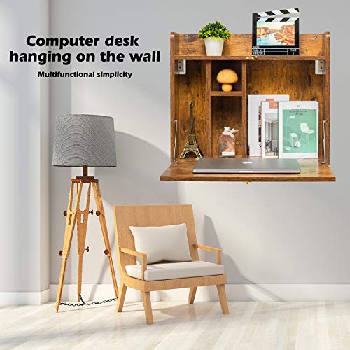 KZHOME Wall Mounted Table Multifunctional Folding Wall-Mounted Laptop Desk Writing Table with Storage Shelves for Home Office, Rustic Brown