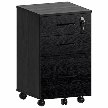 3 Drawer Wood Mobile File Cabinet with 1 Lock, Under Desk File Cabinet with 5 Wheels, Rolling Filing Cabinet for Home Office, Filing Cabinet Orga