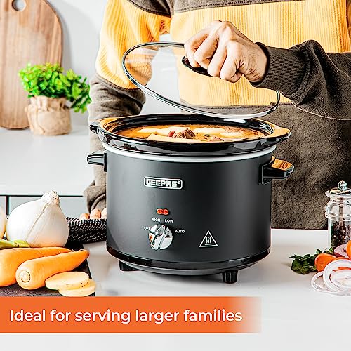 Geepas 1.5 Litre Slow Cooker | 3 Temperature Settings, Removable Easy-Clean Ceramic Bowl | Tempered Glass Lid & Cool Touch Handles, Matt Design |