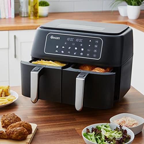 Swan SD10410N 8L Digital Dual Basket Air Fryer with Keep Warm Function, 10 One-Touch Pre-sets, Rapid Air Circulation, 1600W, Black