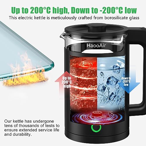 Haooair Kettle, 1.5 Liter Electric Kettle with Green LED, Easy to Clean Glass Kettle, Fast Boil Quiet, BPA-Free, Boil-Dry Protection (Gifts: Blac
