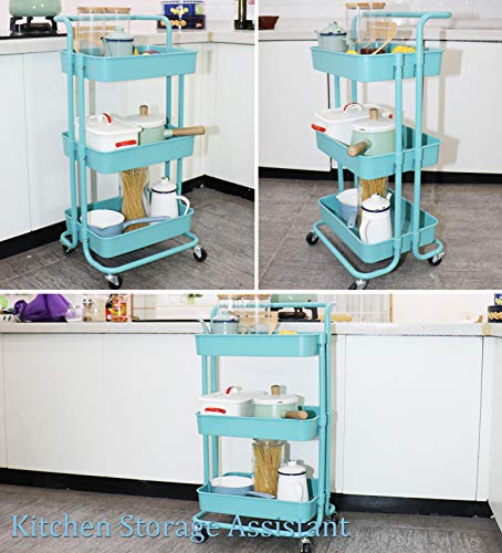 Piowio 3 Tier Utility Rolling Cart Multifunction Organizer Shelf Storage Cart with 3 Piece Cups and 8 Piece Hooks for Home Kitchen Bathroom Laund