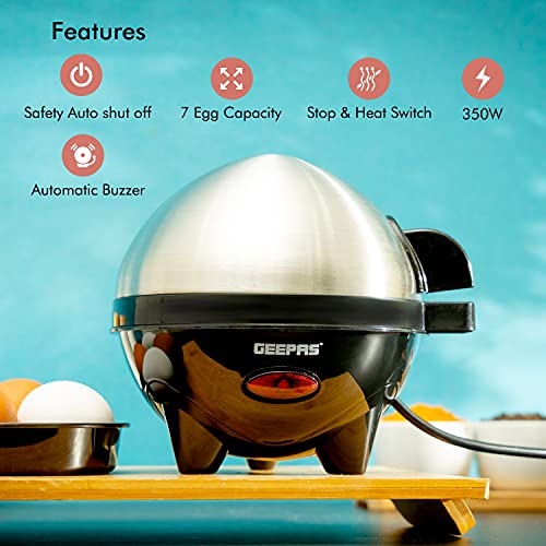 Geepas 3-in-1 Egg Boiler Poacher, 350W | Electric Egg Cooker & Omelette Maker, Vegetable Steamer | Poaching Bowl, Measuring Cup with Egg Piercer