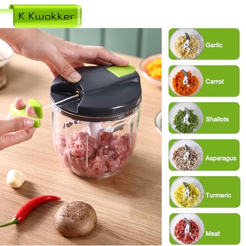 K Kwokker Manual Food Chopper, 900ml Manual Food Processors Pull String with 10 Sharp 420 Stainless Steel Blades, Vegetable Chopper Shredder, Oni