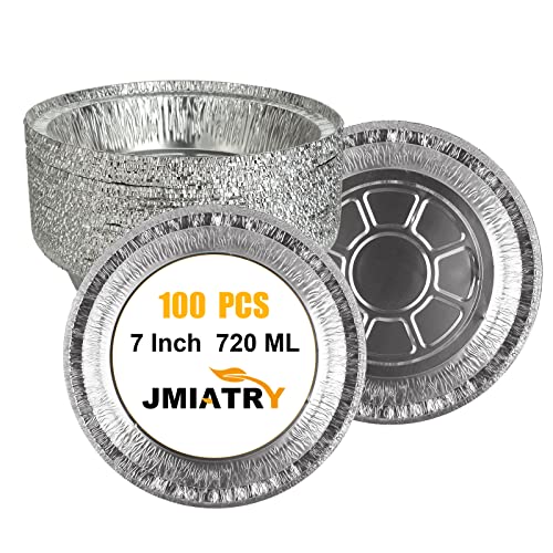 JMIATRY 100 Pcs 7 Inch Round Foil Trays, 720ML Air Fryer Tin Foil Trays, Oil-Proof Non-Stick Aluminum Foil Trays Round for Baking, Cooking, Oven