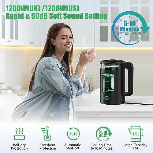 Haooair Kettle, 1.5 Liter Electric Kettle with Green LED, Easy to Clean Glass Kettle, Fast Boil Quiet, BPA-Free, Boil-Dry Protection (Gifts: Blac