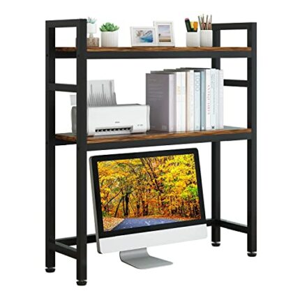 XTESMS Desktop Bookshelf, 2-Tier Multipurpose Countertop Storage Hutch for Computer Desk, Adjustable Wood Display Rack Organizer for Dorm Office