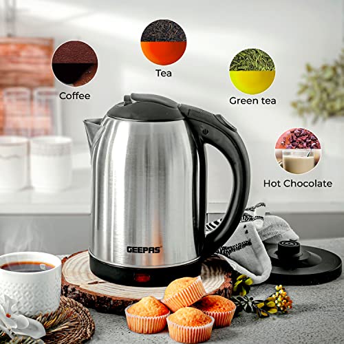 Geepas Electric Kettle, 1500W | Stainless Steel Cordless Kettle | Boil Dry Protection & Auto Shut Off | 1.8L Jug Kettle for Hot Water Tea or Coff