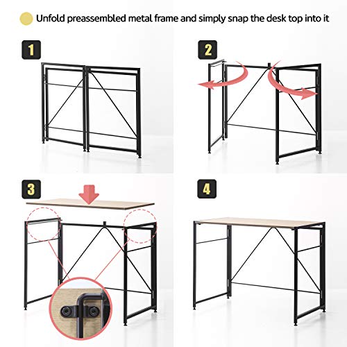SOFSYS Modern Folding Computer Writing Desk for Small Space, Gaming, and Home Office Organization, Foldable Industrial Metal Frame with Sturdy De