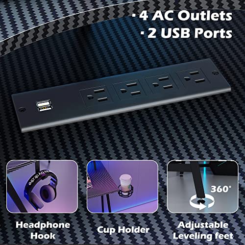 SUPERJARE L Shaped Gaming Desk with Power Outlets & LED Lights, Carbon Fiber Surface, Computer Desk with Monitor Stand, Home Office Desk Corner D