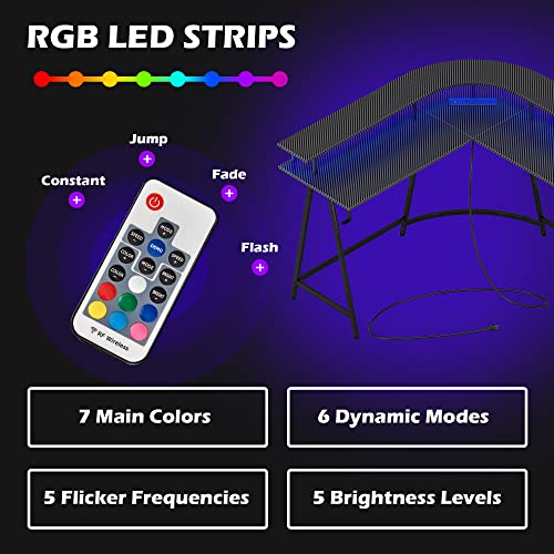 SUPERJARE L Shaped Gaming Desk with Power Outlets & LED Lights, Carbon Fiber Surface, Computer Desk with Monitor Stand, Home Office Desk Corner D