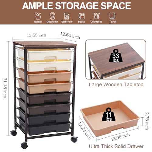 KINGRACK Storage Drawer Cart,Rolling Storage Cart with 8 Drawers,Storage Trolley Cart with Plastic Drawers,Utility Cart with Drawer,Wooden Tablet