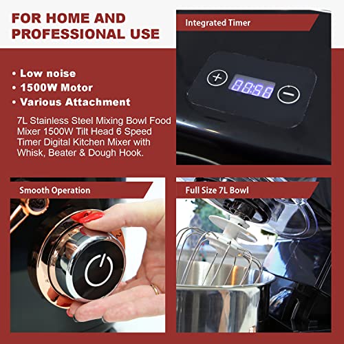 Belaco Full Size Stand Mixer 7L Stainless Steel Mixing Bowl Food Mixer 1500W Tilt Head 6 Speed Timer Digital Kitchen Mixer with Whisk, Beater & D