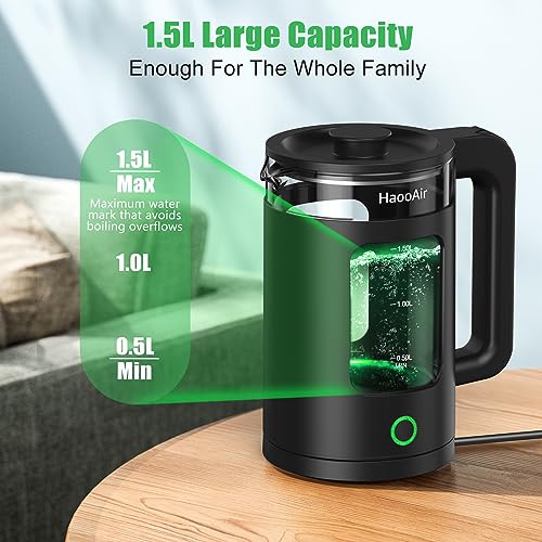 Haooair Electric Kettle, 1.5 Liter Fast Boil Quiet Glass Kettle with Green LED, Easy to Clean, BPA-Free, Boil-Dry Protection