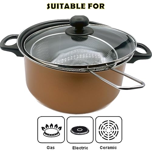 Almineez 5pc Black Non Stick Chip Pan Set Fryer Deep Fat Frying Basket Pot W Glass Lid 2l - 24cm Suitable for Gas, Electric and Solid Hotplates